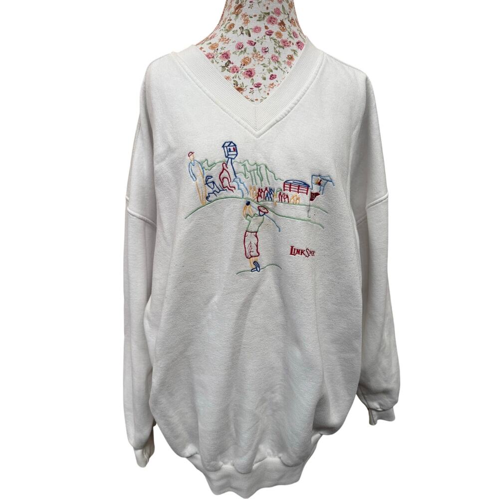 Vintage 2XL Linksport by Austad golfer white cotton v neck embroidered 80s 90s